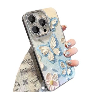 Nuova custodia per telefono di lusso con velo di piume e olio glitterato pellicola per Iphone 11 14 13 12 15 Pro Max vernice a olio farfallina Cover posteriore