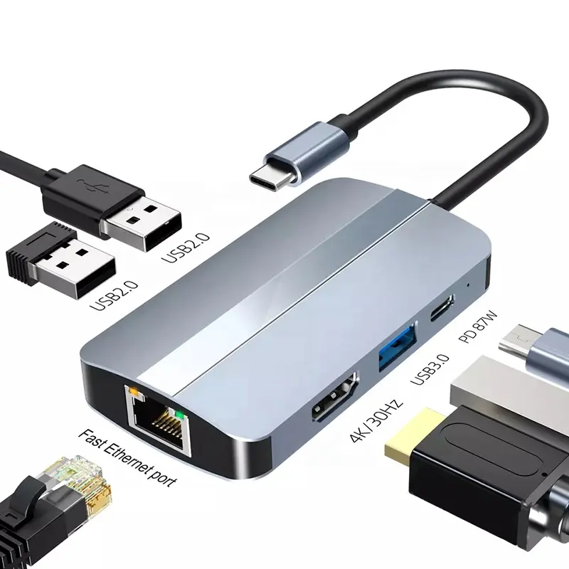 Fabricante OEM de fábrica 6 en 1 USB C Tipo C Hub con 4K HD HDMI USB 3,0 2,0 RJ45 Lan Ethernet Adaptador 6 en 1 multipuerto