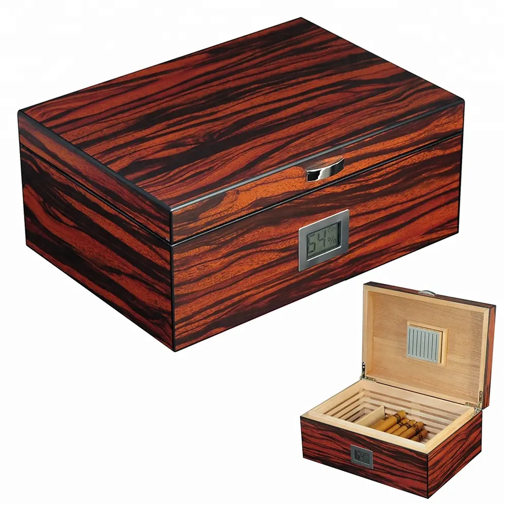 Vintage 50 ct umidor de cigarro de desktop, madeira com divisor umidificador e higrômetro digital para homem