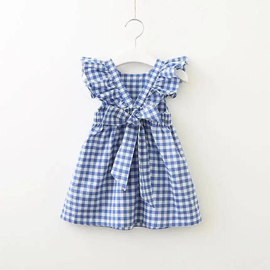 幼児の女の子の青いギンガムの夏の衣服子供子供フリルフラッタースリーブアメリカンスタイリッシュヴィンテージティードレス