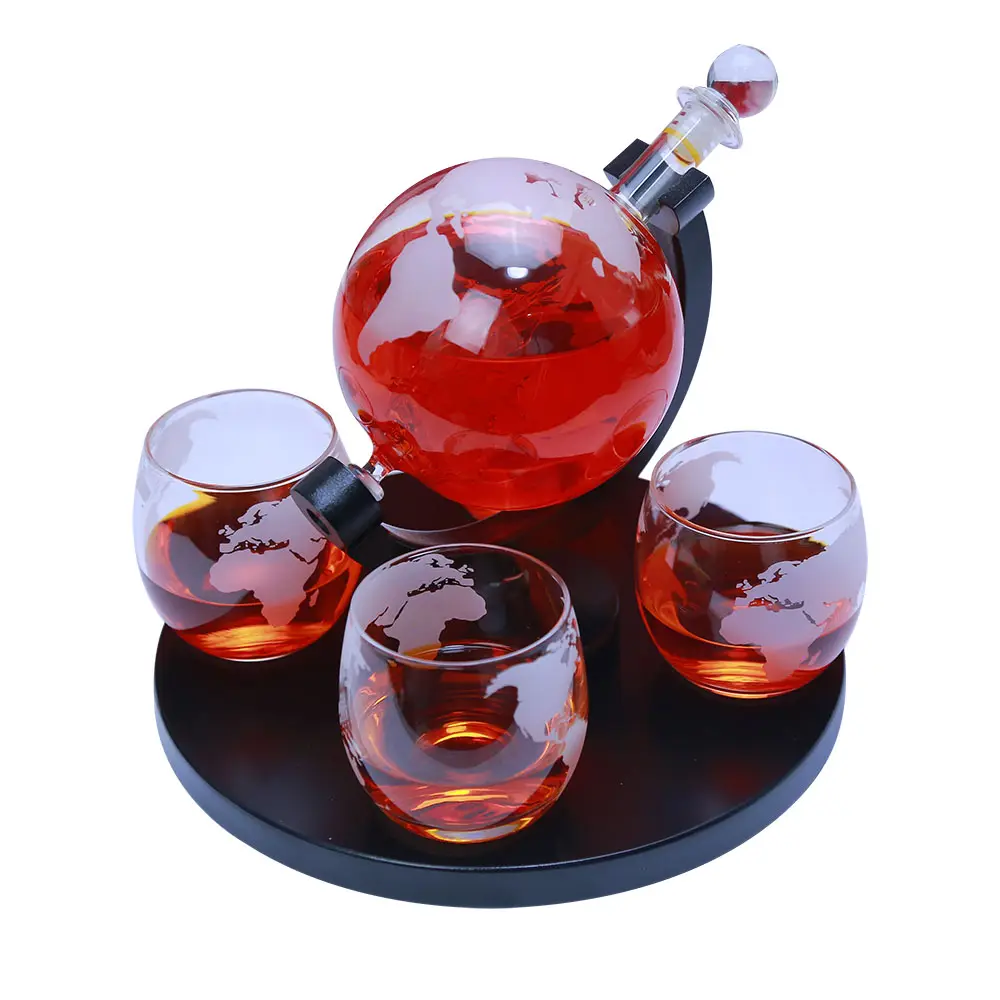 Juego decantador de licor de Whisky con globo grabado en el mundo, jarra de cristal hecha a mano con Whisky de cristal con juego de 4 gafas