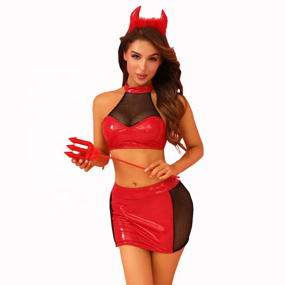 Vendita diretta in fabbrica della ragazza della scuola Sexy abiti fantasiosi di Halloween in pelle rossa Pu Sexy diavolo Cosplay Costume per le donne del partito