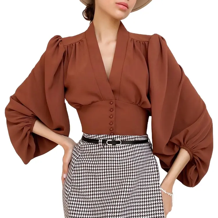 Blusa feminina elegante, outono inverno manga lanterna camisa clássica decote em v vestido com decote em v blusas elegantes para mulheres