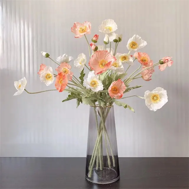 High Quality Artificial Silk Flocked Stem Foldable Red Orange White Poppy Flower For Home Table Center Piece Wedding Decoration
