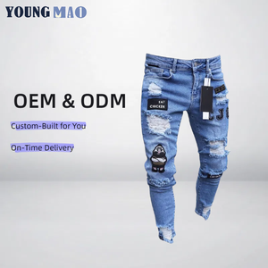 Người Đàn Ông Của Denim Quần Mùa Hè Cổ Điển Phong Cách Skinny Thêu Ripped Bút Chì Quần Vừa Rửa OEM/ODM - Product Image 1