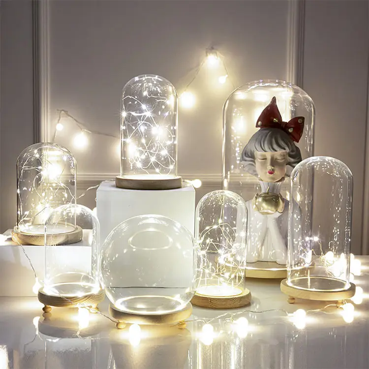 Terrario de cristal eterno con pie de madera, jarrones de luz LED, artesanías de vidrio