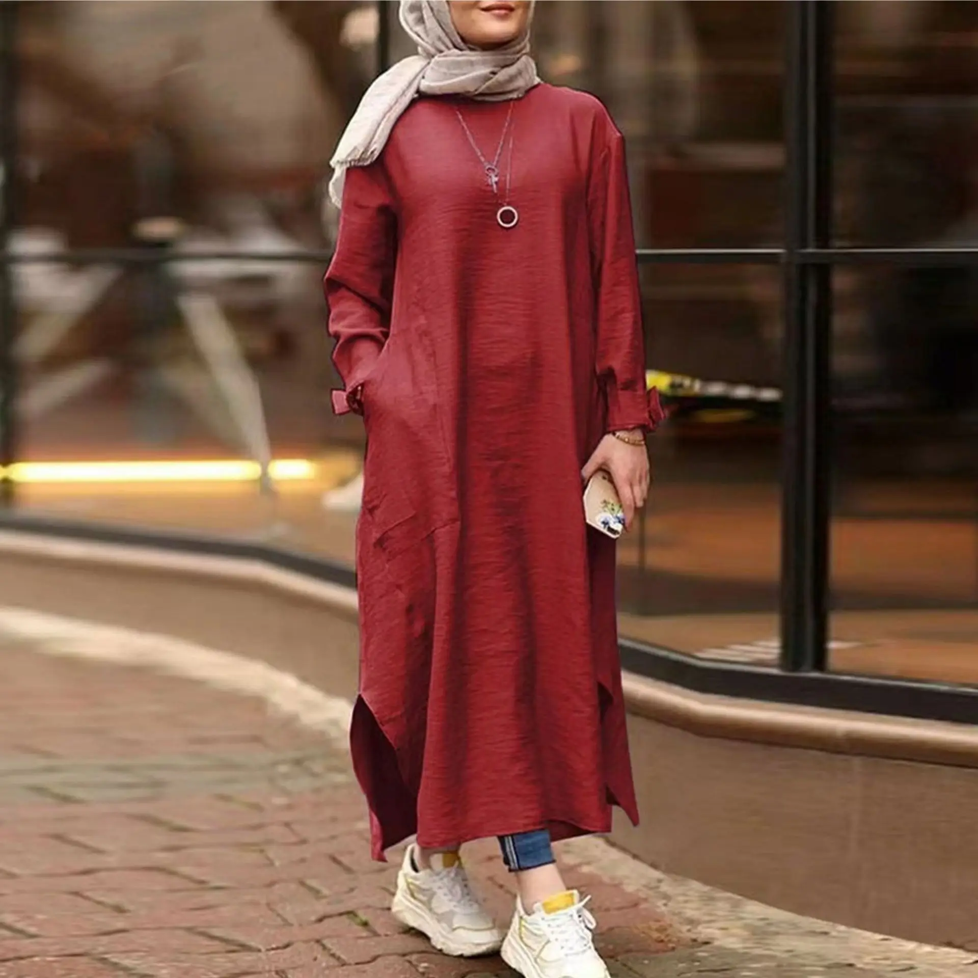 5XL Plus Size modesta blusa muçulmana malásia muçulmana Túnica Manga Longa Tops muçulmano gola redonda túnica tops