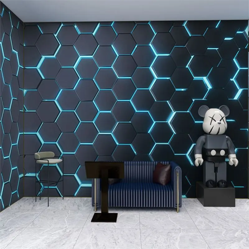Cubo de neón hexagonal geométrico, papel tapiz negro y azul, decoración de sala de juegos de alta tecnología, pinturas de pared Peel and Stick