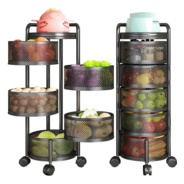 Sturdy Kitchen 3/4/5 Tier Empilhável Metal Wire Storage Organizer Fruit Vegetable Rotating Cestas com rodas de rolamento