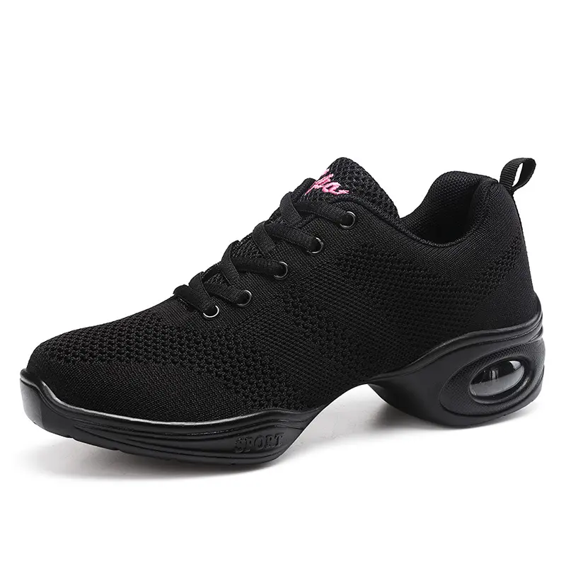 EW-zapatillas de deporte para mujer, zapatos de baile de línea cuadrada, malla de punto negro transpirable