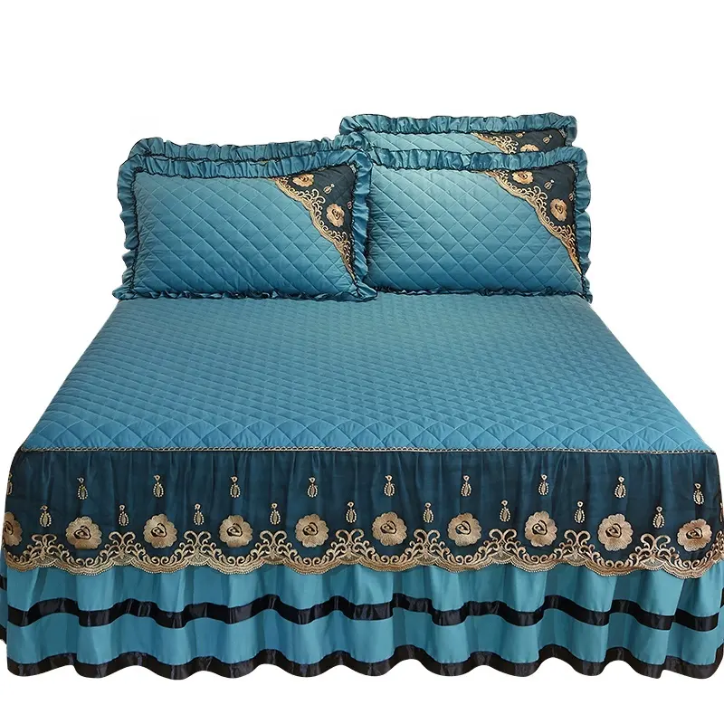 Juego de ropa de cama con bordado de encaje, conjunto de cuatro piezas, sarga Universal, falda de tres piezas, estilo europeo