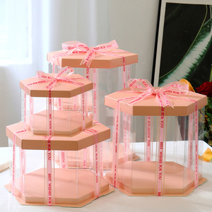 卸売印刷された透明なケーキボックスポップボックス12x12x6ハンドル付きプラスチックカスタムPET六角形の誕生日ケーキボックス
