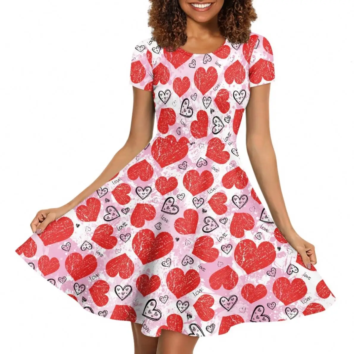 Mujer elegante Club vestidos de fiesta Día de San Valentín tema verano imagen personalizada señora manga corta Swing Dres Rosa corazón diseño vestidos