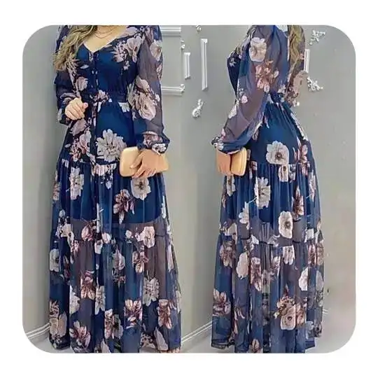 Dlo 2023 nuovo arrivo moda abito floreale in Chiffon Casual scollo a V stampa a rete Maxi abiti donna elegante abito lungo