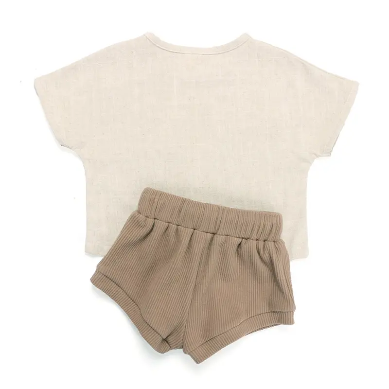 Conjuntos sólidos de lino para bebés, conjunto de dos piezas de ropa suave personalizada, Jersey corto de algodón de estilo chino para verano