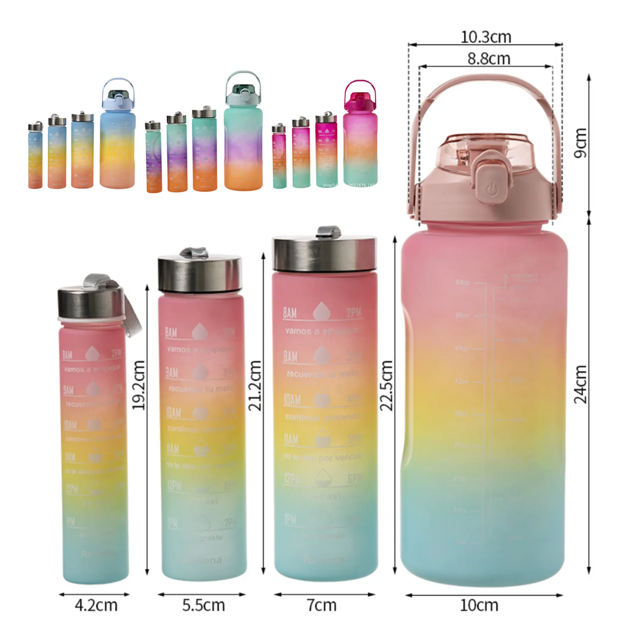 Novo estilo 2023 2L cor gradiente define 4 em 1 esportes garrafa de água com marcador tempo ginásio garrafa Bpa-livre Água embotellada
