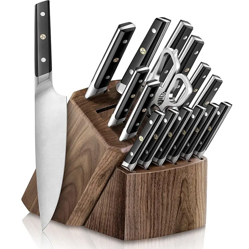 लोकप्रिय थोक रसोई के चाकू सेट रसोई के लिए 17 टुकड़ा चाकू सेट के साथ लकड़ी के ब्लॉक धारक पेशेवर रसोई चाकू किट