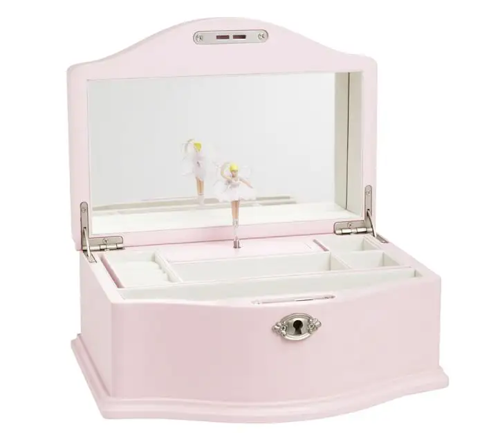 Caja musical de madera con cerradura para mujer y niña, caja de joyería de lujo rosa con cerradura, bailarina negra