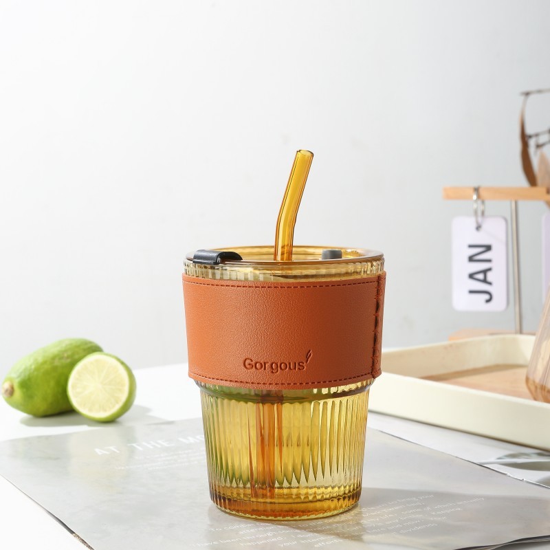 Vertical striped amber lid straw leather case color box