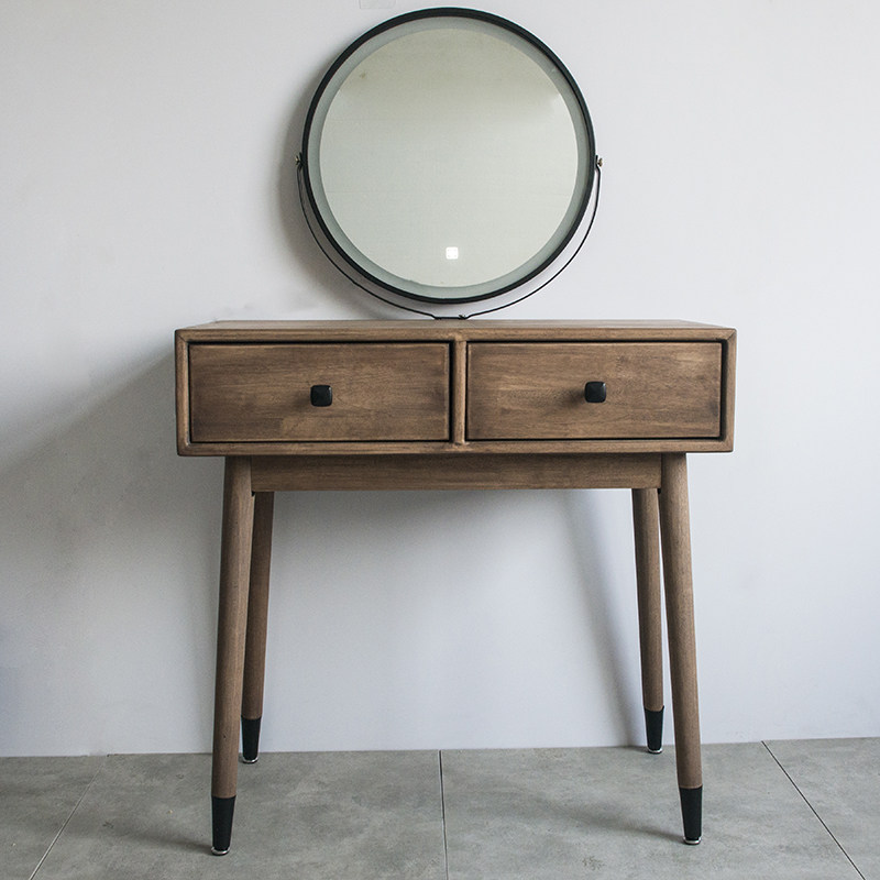 Miroir rond à LED à deux tiroirs en bois massif 8040 - Noyer noir