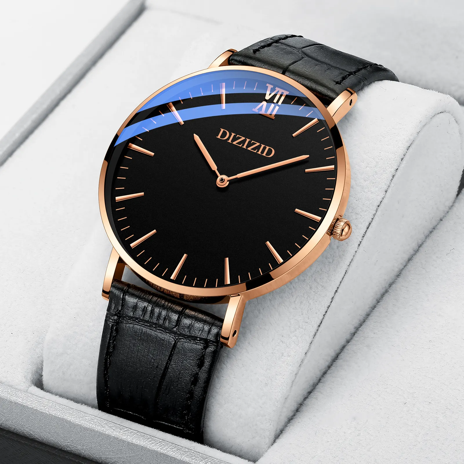 DIZIZID jam tangan kuarsa untuk pria, arloji mewah ultra-tipis modis minimalis jarum ganda tali jala mekanis tahan air