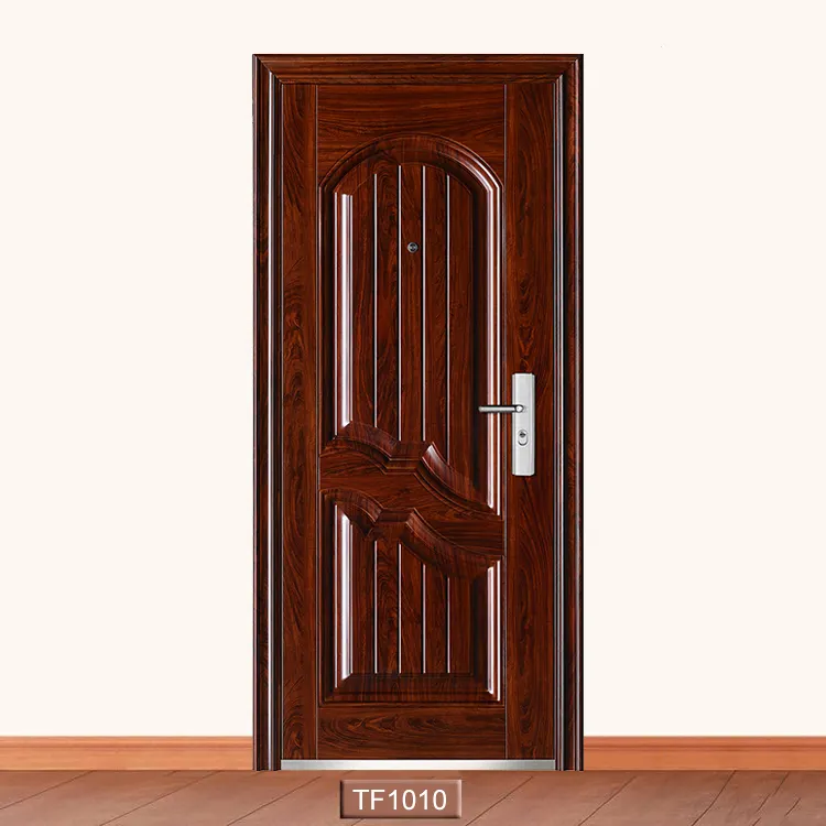 Portes en contreplaqué d'acier de luxe Extérieur en grain de bois brun Maison classique Porte principale Designs Prix des portes en Inde