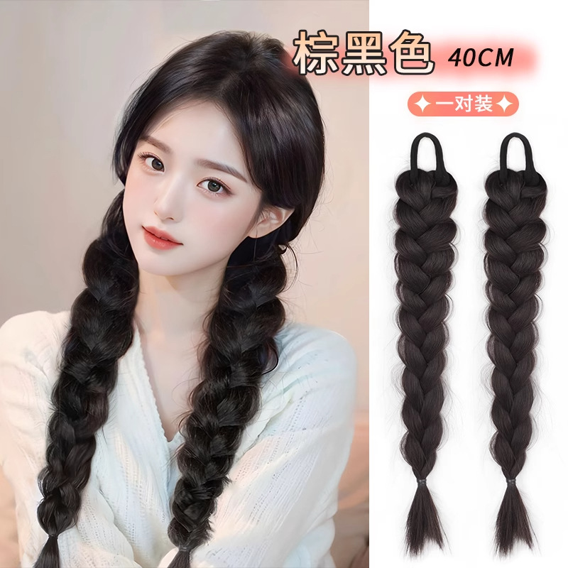 Two large braided pigtails (brown-black)