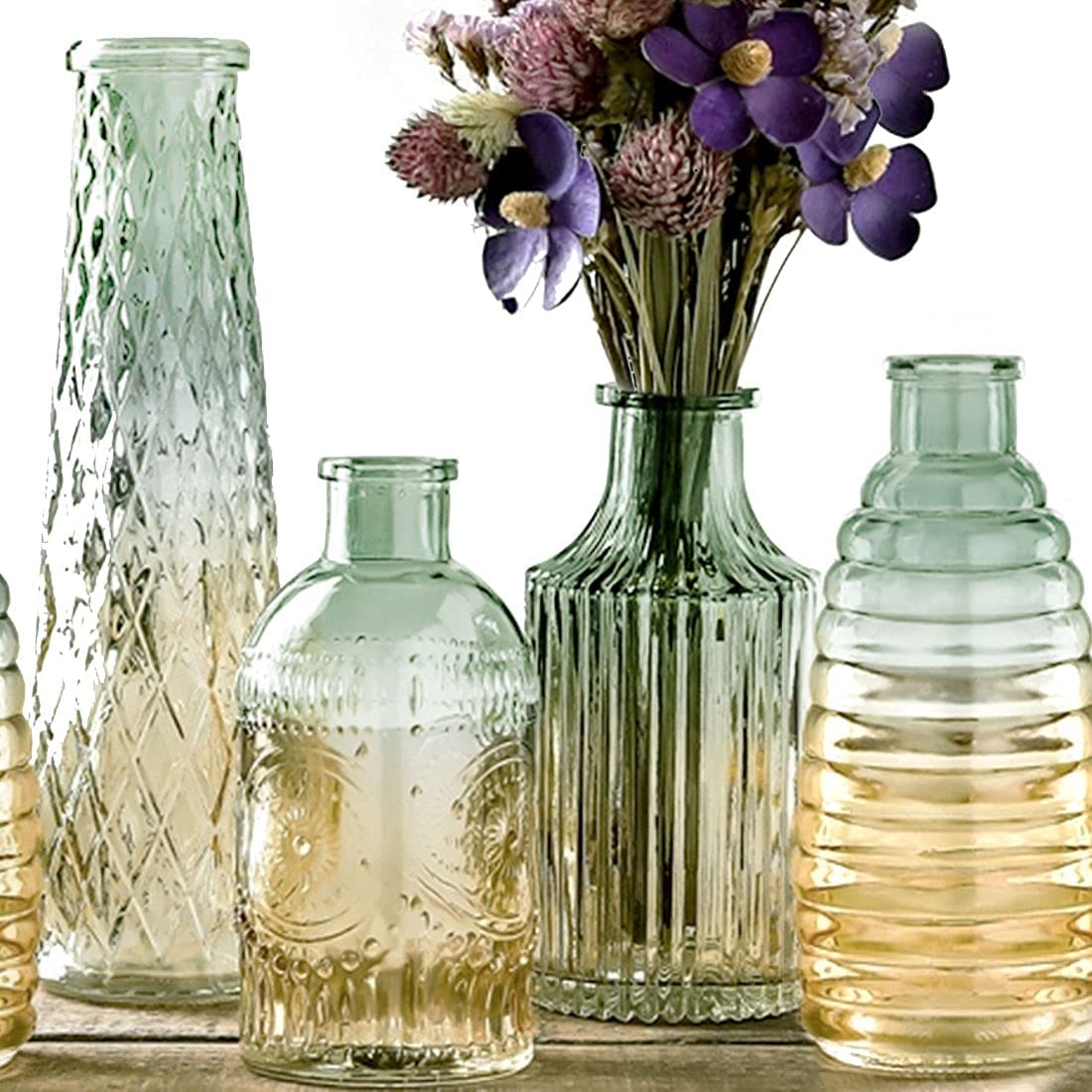 Set of 4 Cute High Quality Lead Free Crystal Colorful Bud Baroque Glass Vases for Home Wedding Table Flower Decorations