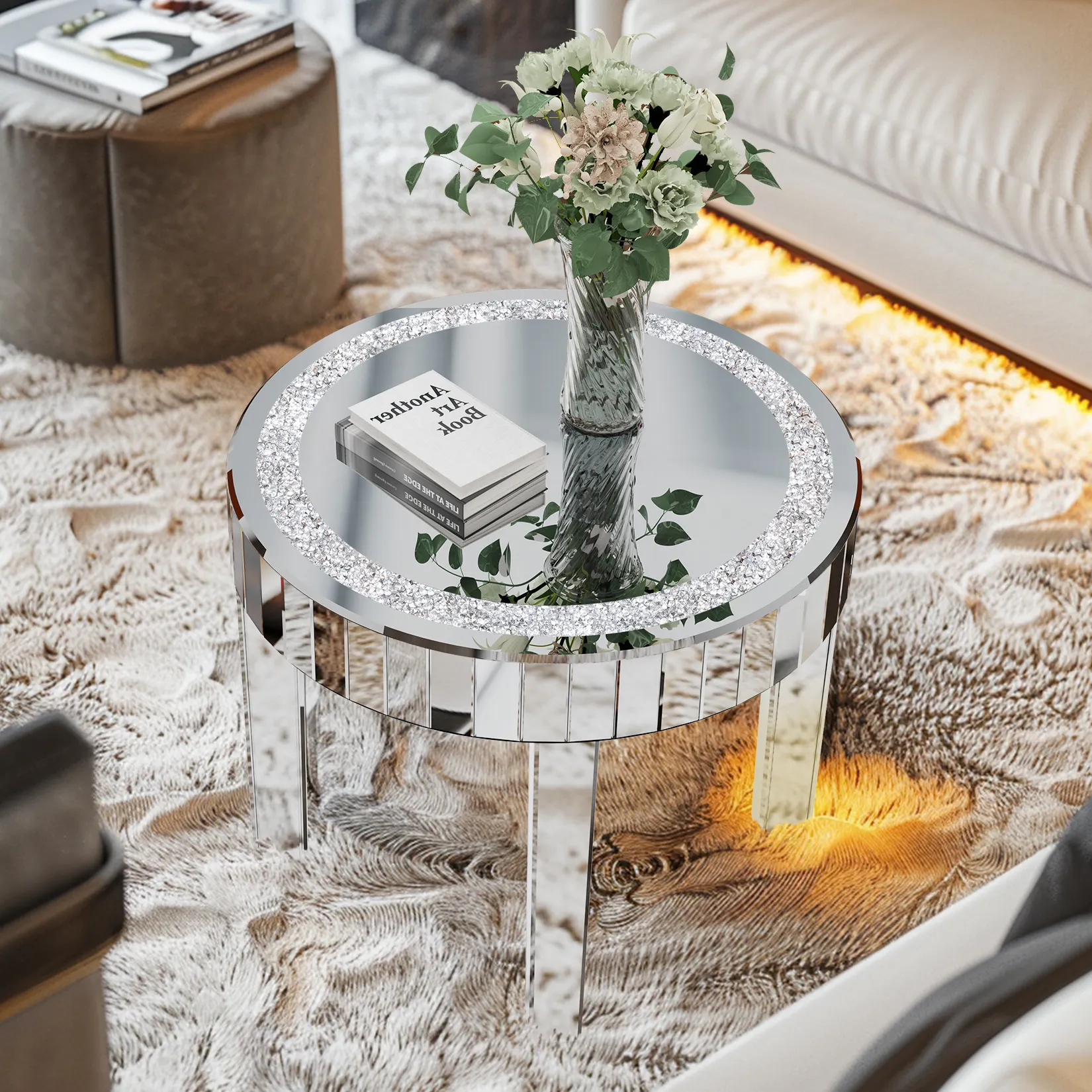 Luxury Modern Round Mirrored Accent Side Table with Crystal Diamonds Inlay for Bedside Table