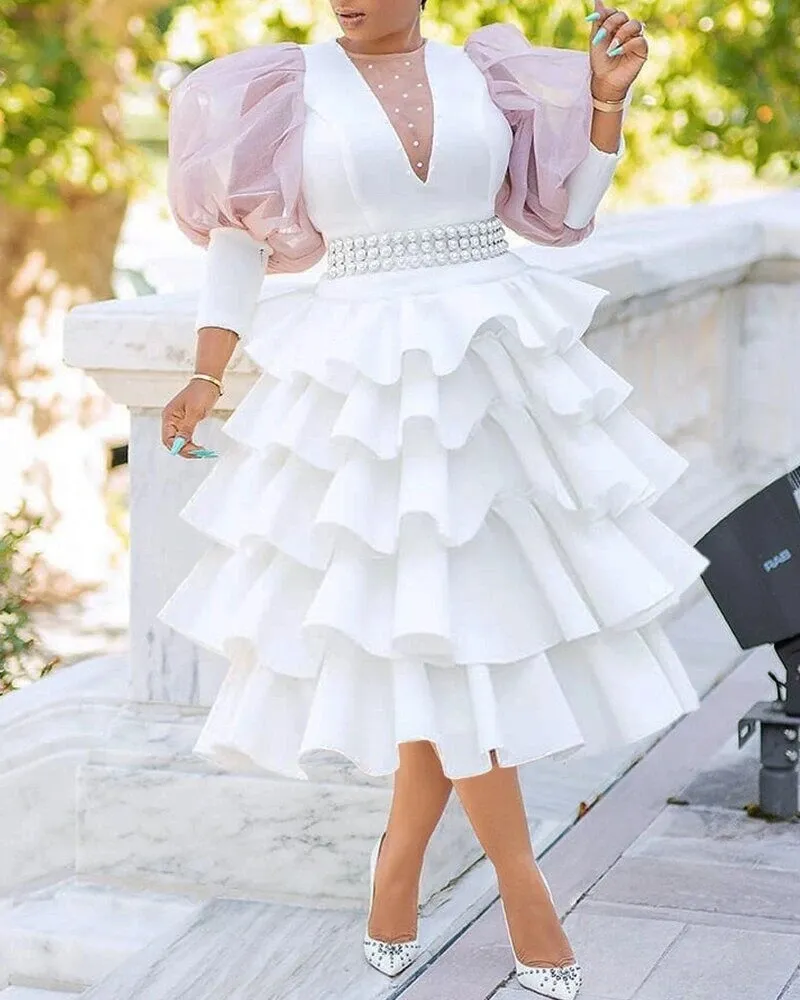 2023 New Trắng Phi Dresses Phụ Nữ Châu Phi v-Cổ Polyester Dài Đến Đầu Gối Váy Quần Áo Châu Phi Cho Phụ Nữ Mùa Thu S-3XL Bán Buôn