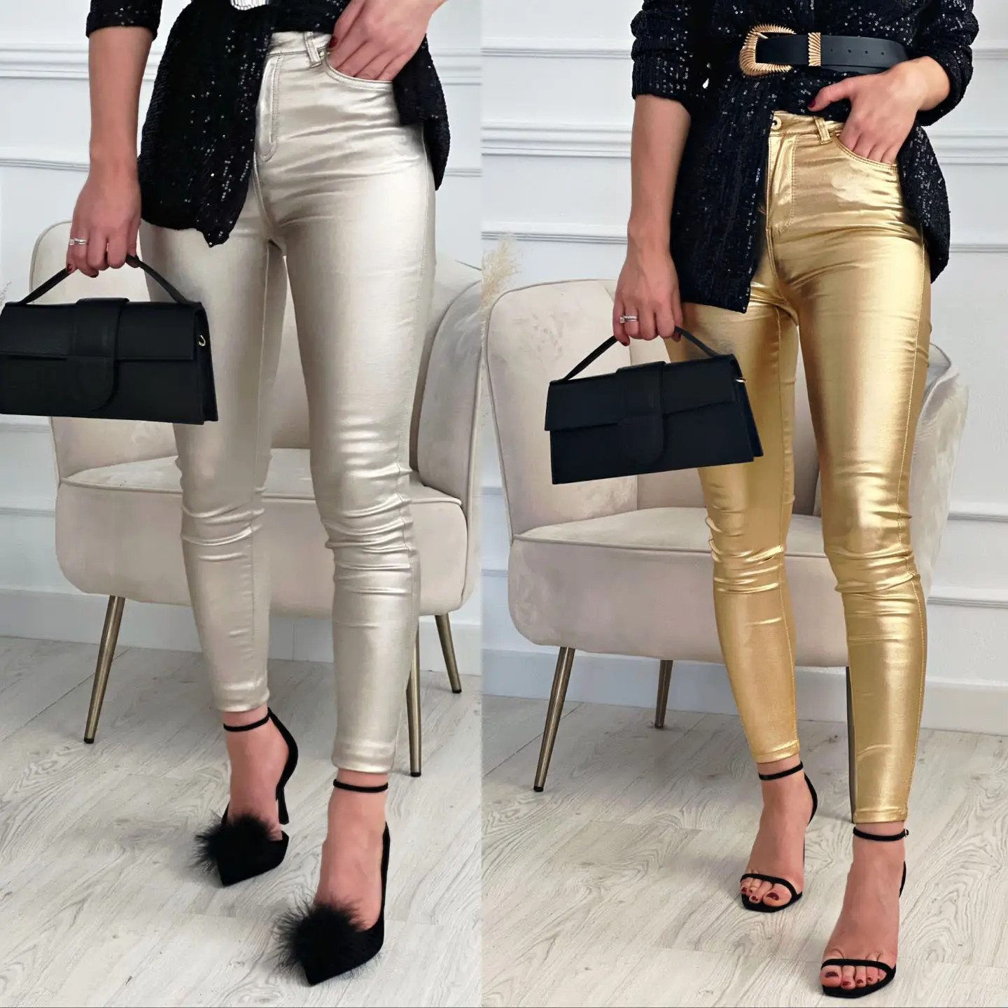 Novo 2023 Projetos Na Moda Calças Pant Calças para Senhoras Mulheres Casuais Ouro Prata Brilhante