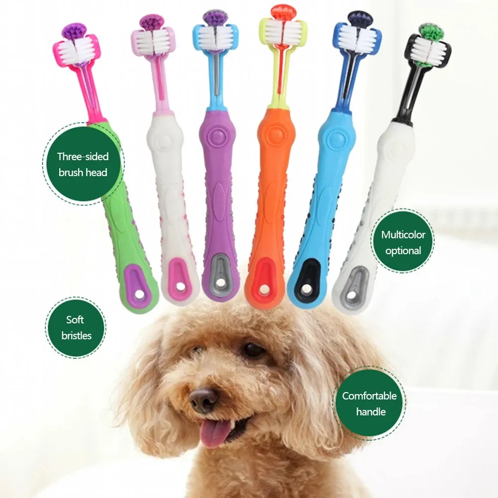 Ulti-cepillo de dientes angular para limpieza de perros y gatos, herramientas de cuidado dental de mal aliento, cepillo de dientes de tres caras para mascotas