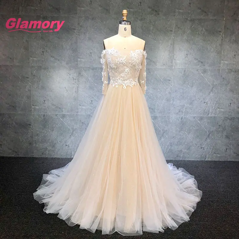 Champán barato de alta calidad vestido de boda de hombro de manga mitad 3D flor encaje bola vestido de boda