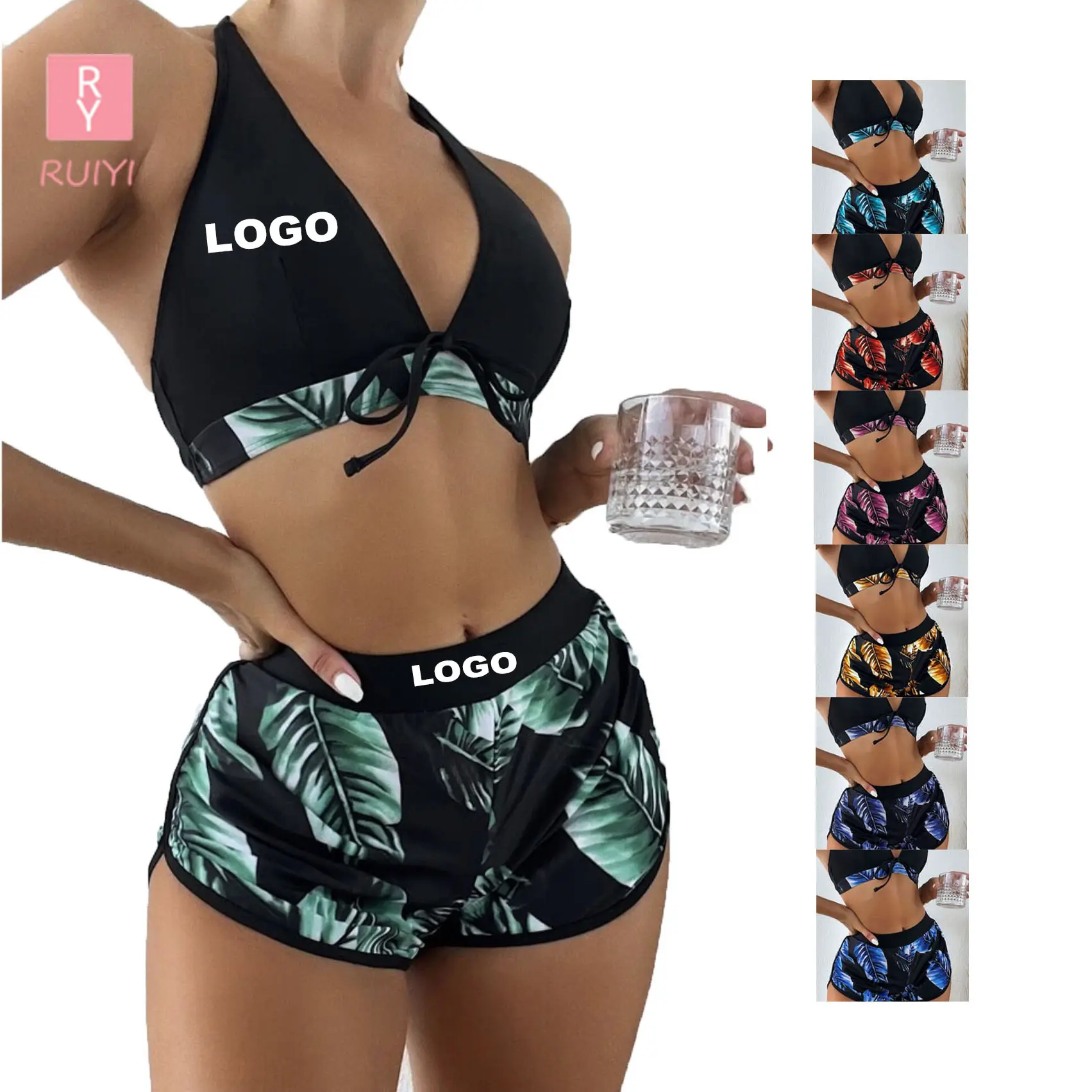 RUIYI New Lotus Leaf Printed Kurzer Badehose Split Bademode Bikini Fitness Bademode Kunden spezifischer Badeanzug