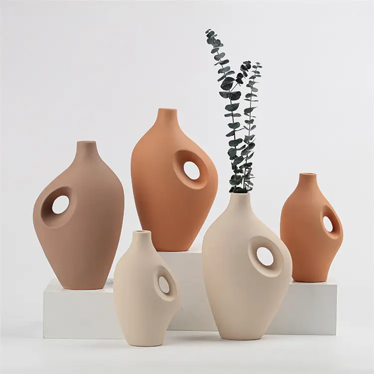 Novo design linhas suaves mesa alto flor vaso rústico terracota cerâmica fosco cor vaso luxo vasos decorativos para decoração de casa