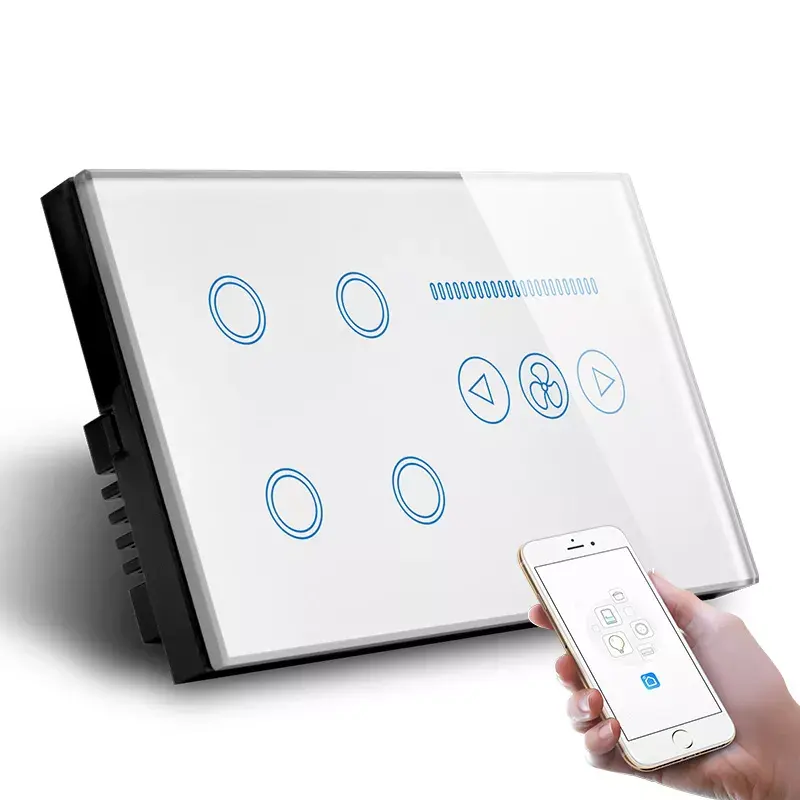 Smart home-Interruptor táctil de pared con Wifi, 147x86mm, RF, 4 entradas y ventilador, de cristal templado, Wifi, compatible con Google/Alexa