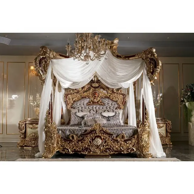 क्लासिक इतालवी रॉयल गोल्ड नक्काशीदार फर्नीचर बेडरूम सेट लक्जरी प्राचीन राजा आकार बिस्तर के साथ nightstands