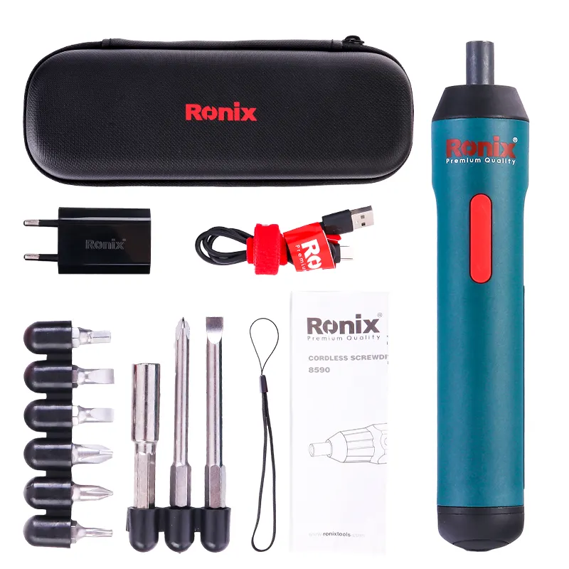 Ronix en stock 8591 mini destornillador inalámbrico 3,6 V 2A batería de iones de litio Mini destornillador con juego de accesorios de 9 piezas