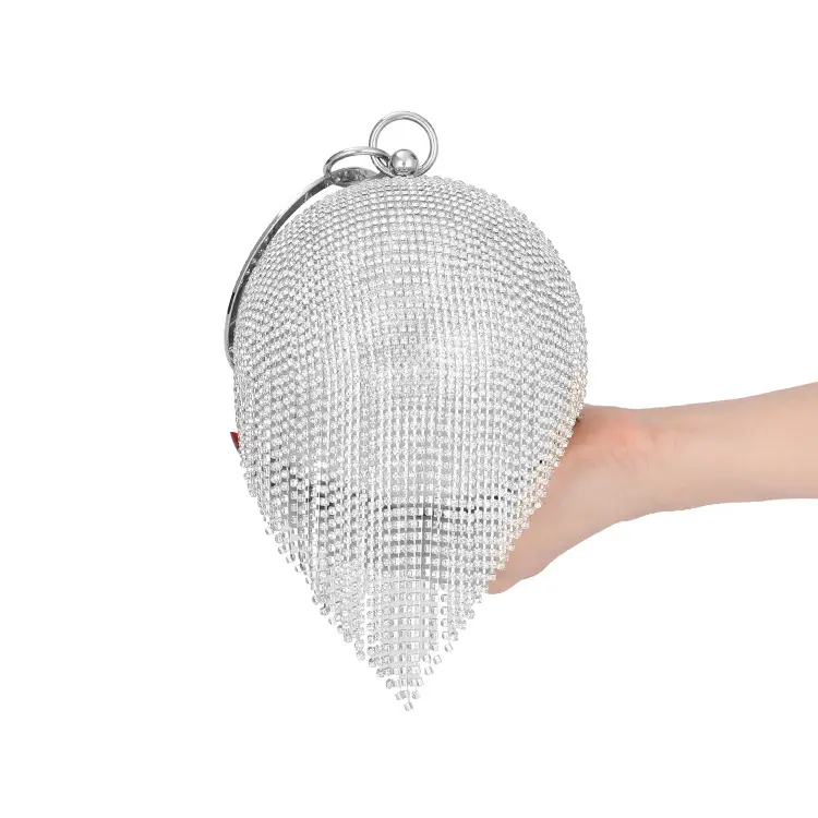 Borsa da 2024 rotonda da donna in argento con nappine a sfera di cristallo con strass per banchetti borsa a mano da sera in metallo