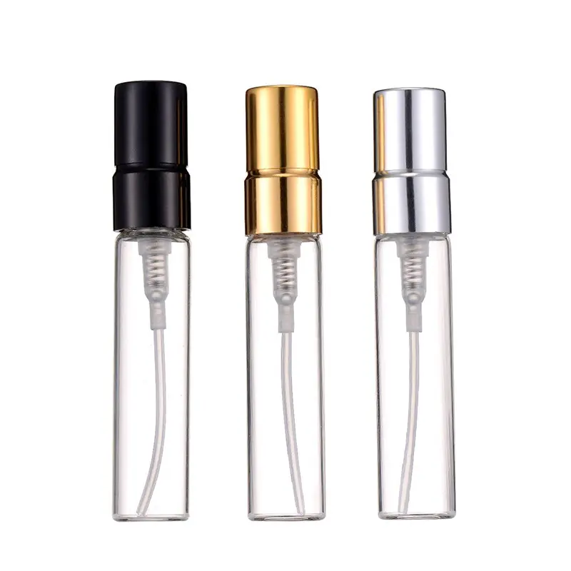 Mini botella de spray transparente vacía de 2ml, 3ml, 5ml, 10ml, muestra de Perfume de vidrio redondo con tapa dorada, vial de vidrio de 10ml para regalo