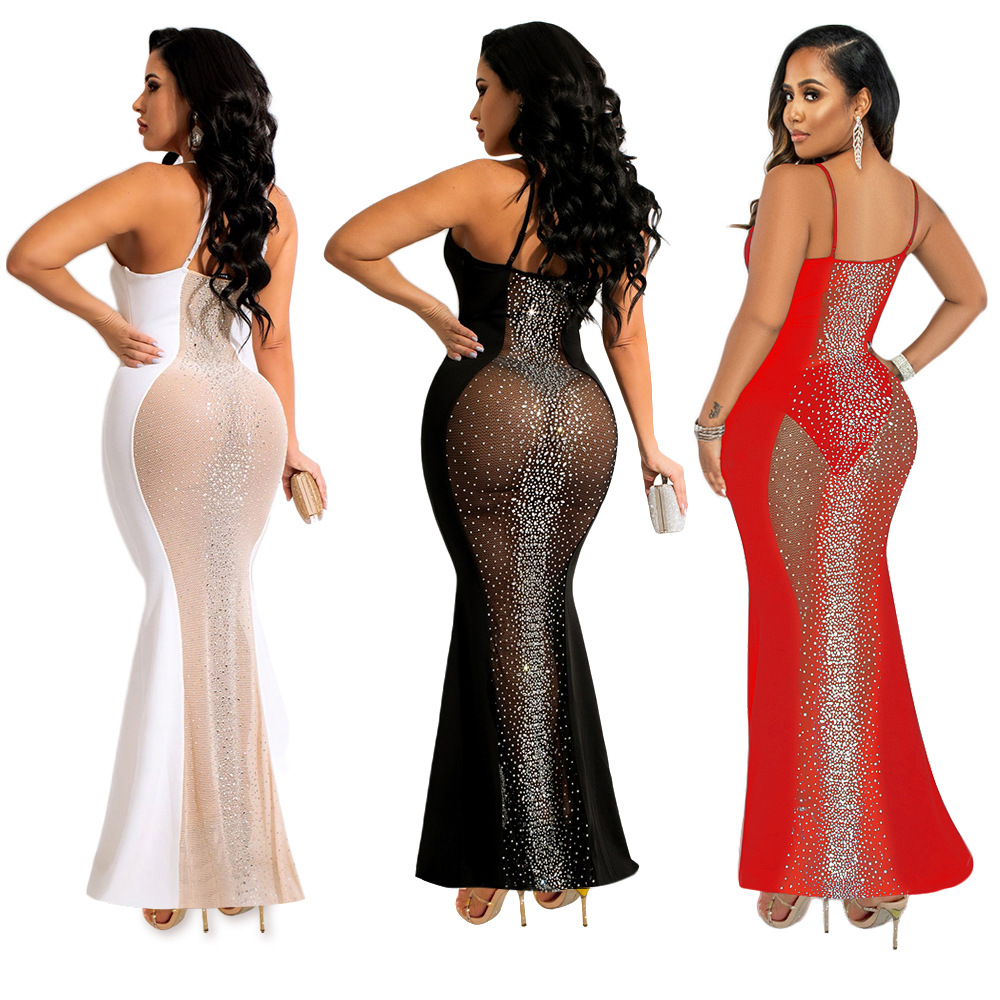 New Style Fashion Sexy See-Through Rhinestone Elegant Mermaid Gown Sleeveless Ladies Temperament Halter Maxi Evening Dress