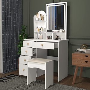 Modern makyaj makyaj masası aynası masa ahşap yatak odası <span class=keywords><strong>LED</strong></span> ışıkları ve raflar ile Nordic soyunma tablo