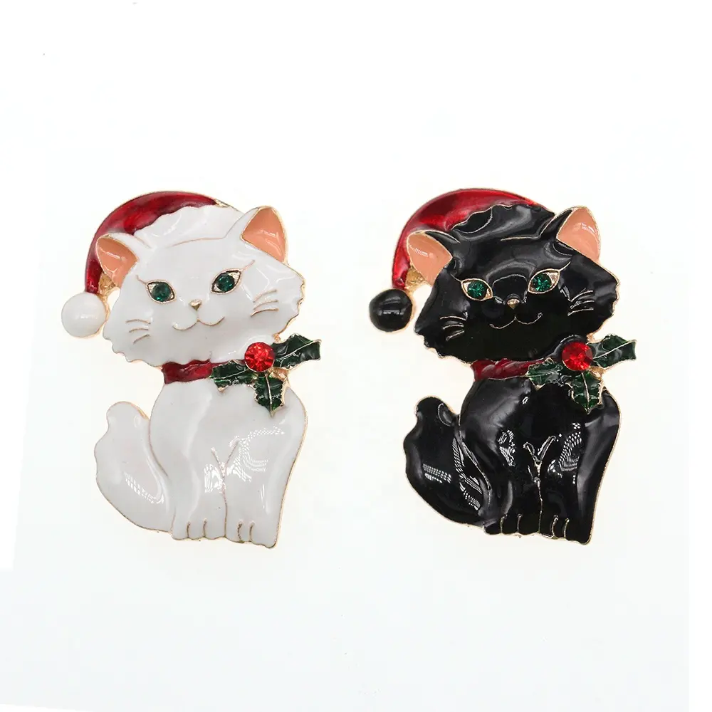 Trasporto Libero Di Modo di Animale elegante in Bianco E Nero Di Natale gatto Per Il Regalo Di Natale di cristallo del rhinestone spilla Di Natale