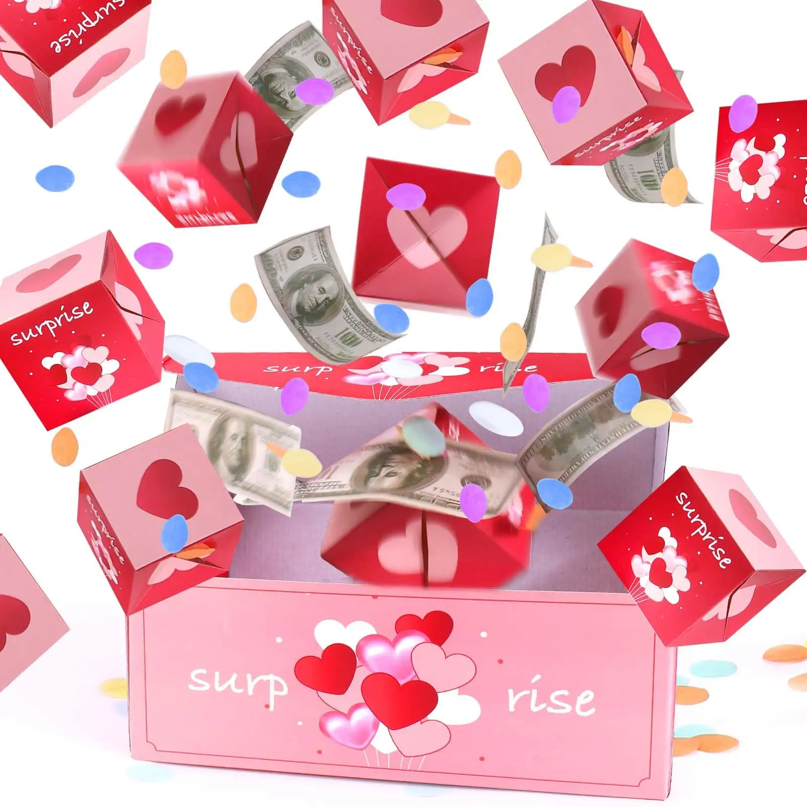 Venta al por mayor de logotipo personalizado de alta calidad caja de regalo sorpresa explosión con confeti para dinero cumpleaños aniversario propuesta de San Valentín