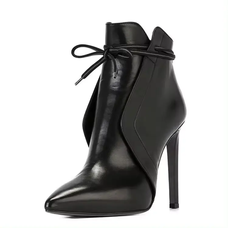 Botas de mujer moda de otoño e invierno puntiagudas vendaje con cordones cuero señora tacón alto botines zapatos