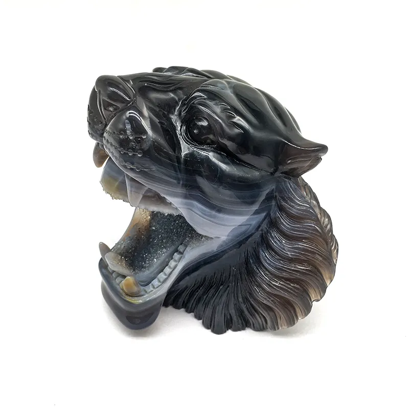 Gran oferta, cabeza de tigre de ágata druzy fresca, piedra preciosa, modelo de animal salvaje, tigre tallado hecho a mano para decoración y regalos de empresa