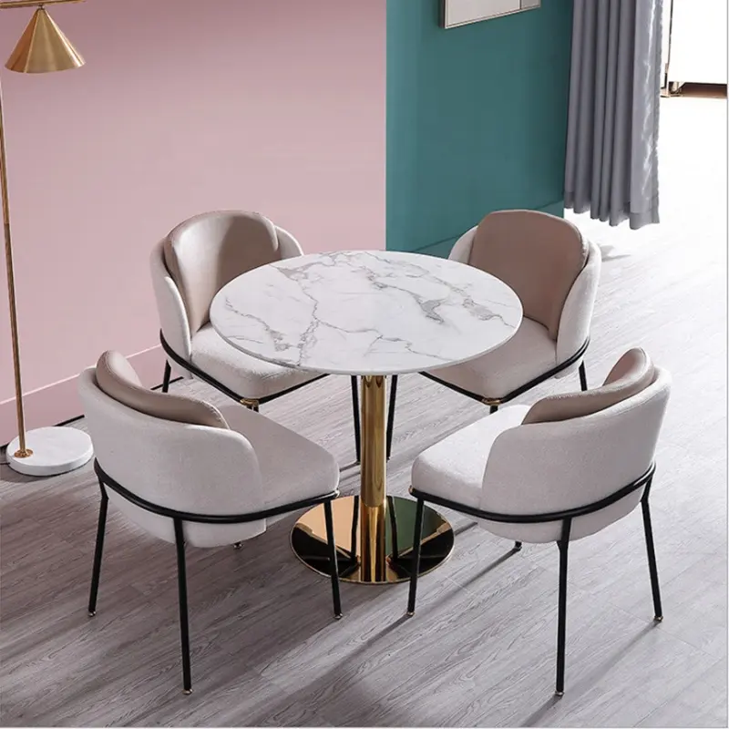Conjunto de mesa redonda com 6 mármore escandinavo e combinação para móveis em casa, cobertura de couro moderna, cadeira de jantar