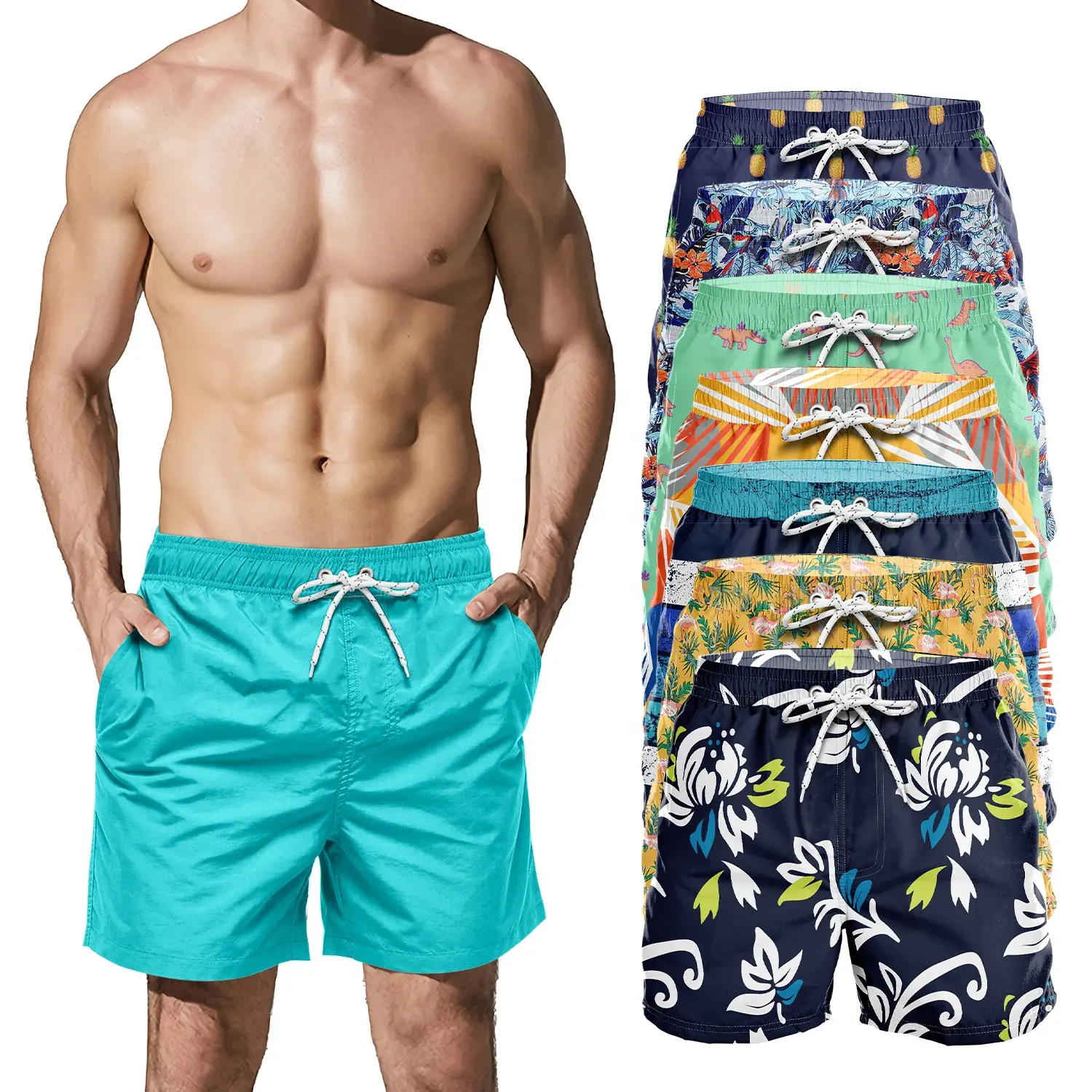 Bañadores cortos transpirables para hombre, ropa de baño de secado rápido, varios estilos, moda de verano, con poliéster