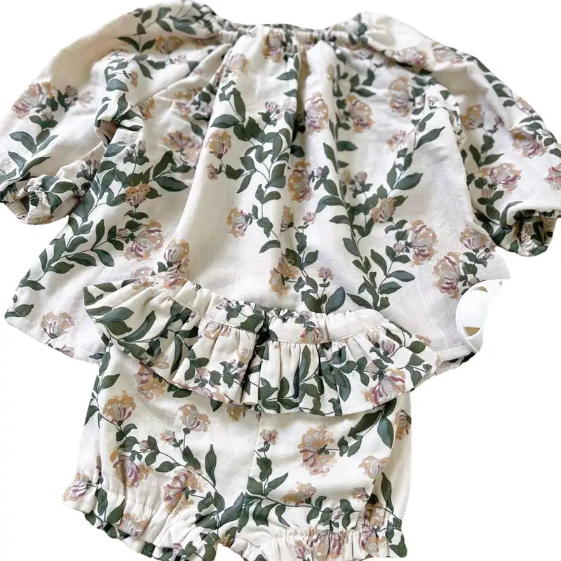 Ropa con estampado para niñas pequeñas, conjunto de Blusa de manga abombada y bombacho, traje para niñas pequeñas