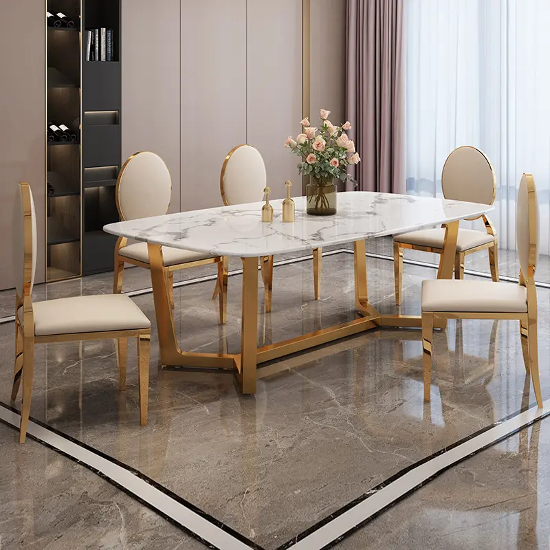Mobili moderni tavolo da pranzo da cucina e 6 sedie ristorante di lusso set da pranzo in marmo in acciaio inossidabile in metallo